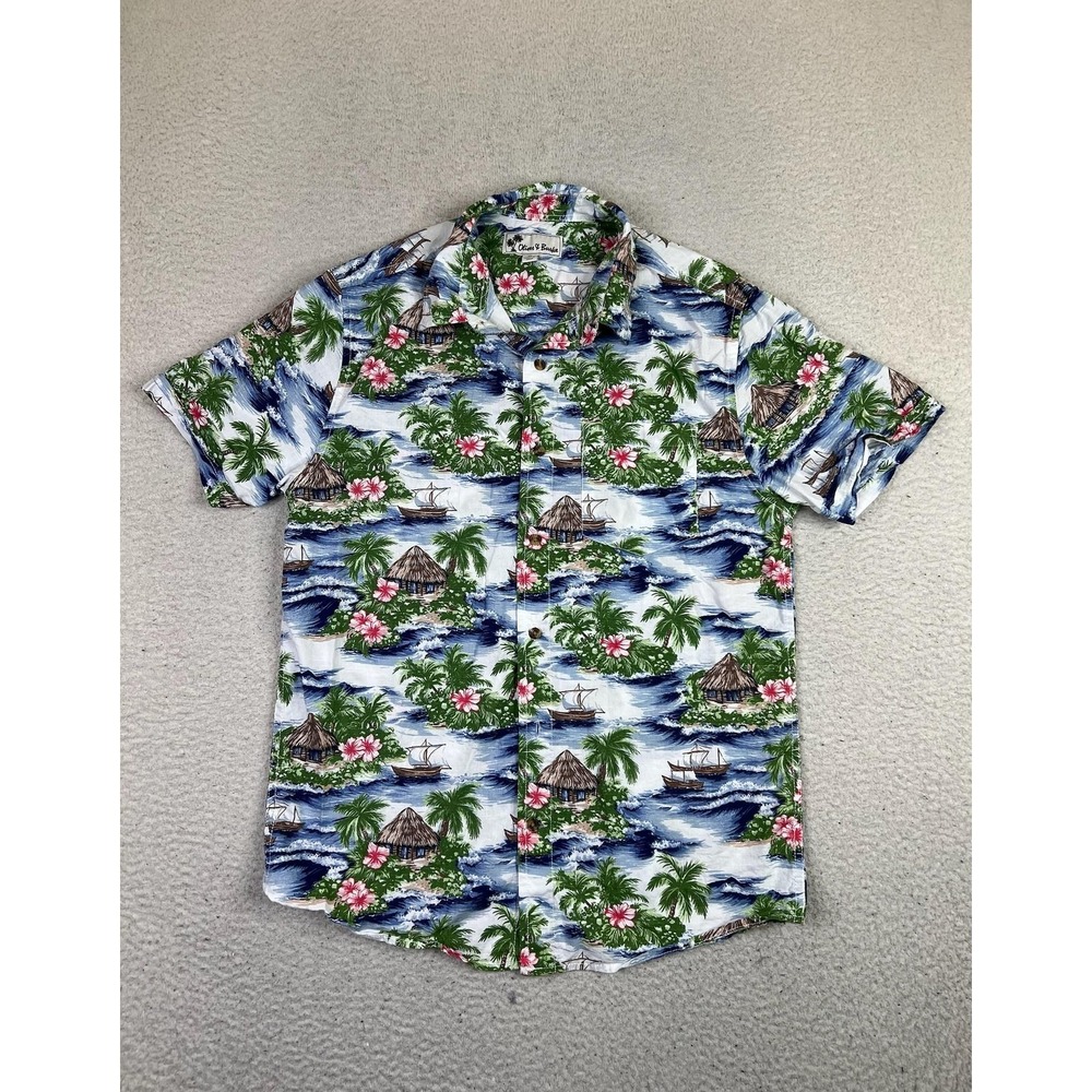 Oliver &‎ Burke Shirt Mens Medium Blue Hawaiian Tropical Floral Island Button Up